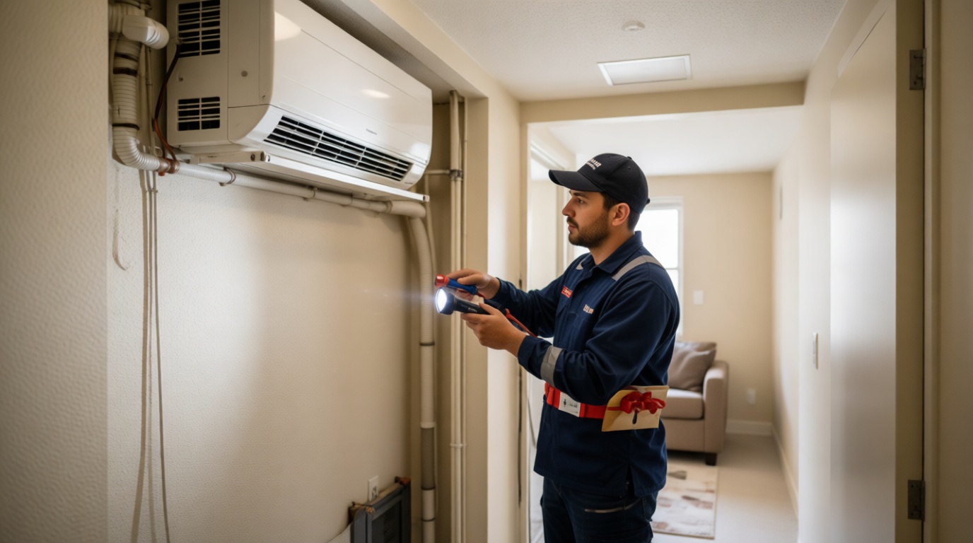 A Hudson HVAC technician inspecting a condo fan coil unit with a flashlight in a Toronto high-rise A Hudson HVAC technician inspecting a condo fan coil unit with a flashlight in a Toronto high-rise