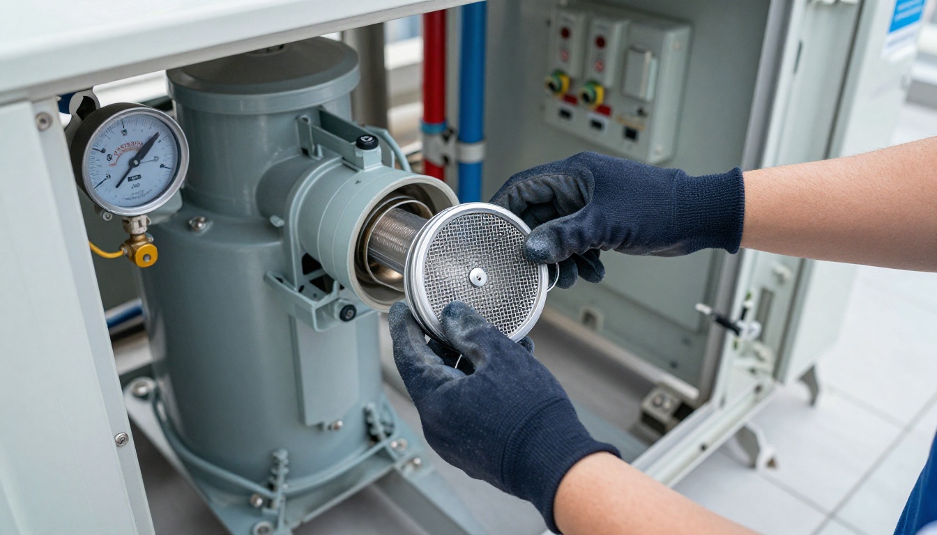 Technician wearing dark navy gloves servicing a Y-strainer inside an indoor condo fan coil cabinet, with one hand supporting the strainer cap and the other cleaning the screen basket, realistic in-suite mechanical access view. Technician wearing dark navy gloves servicing a Y-strainer inside an indoor condo fan coil cabinet, with one hand supporting the strainer cap and the other cleaning the screen basket, realistic in-suite mechanical access view.