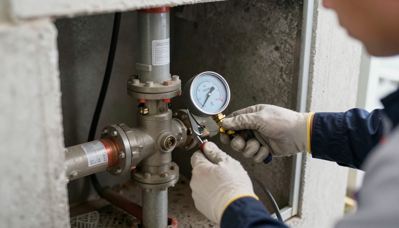 A licensed plumber’s gloved hands using gauges and hand tools on a pressure reducing valve station beside tagged isolation valves in a condominium mechanical room, with copper piping and a clean drop sheet below