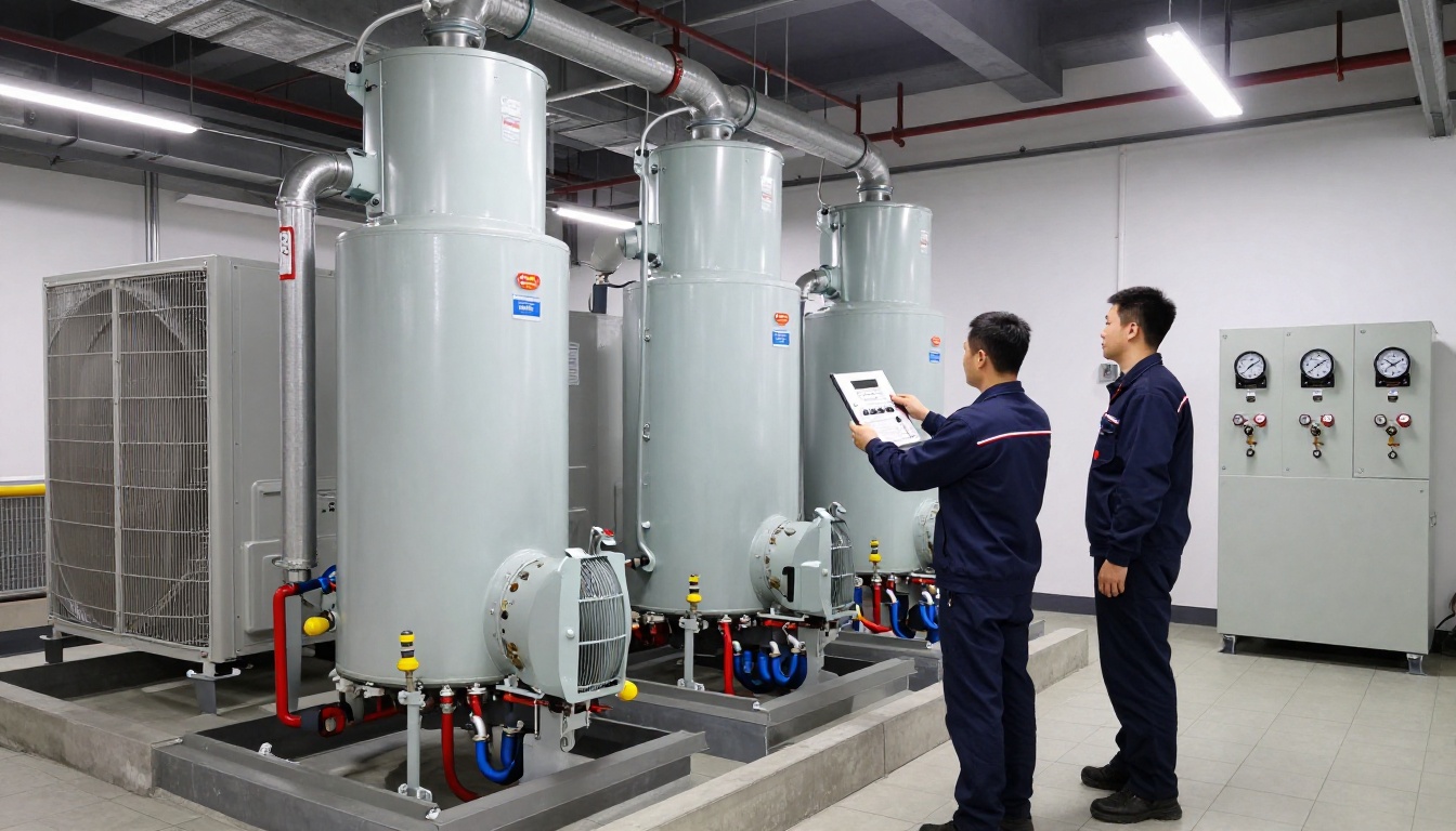 A Hudson HVAC technician inspecting a condo boiler system in a Toronto mechanical room A Hudson HVAC technician inspecting a condo boiler system in a Toronto mechanical room