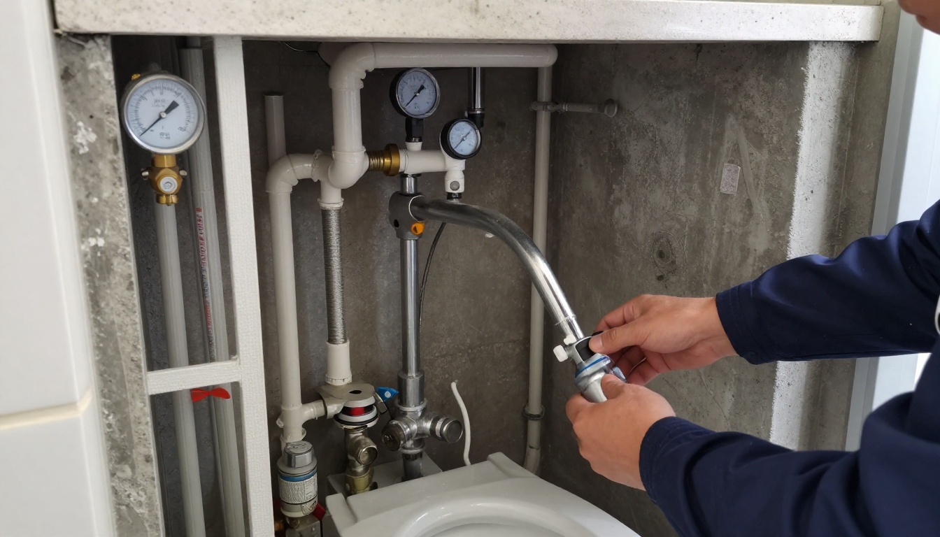 In-suite toilet and faucet repair setup under drop sheets in a condominium bathroom, with shutoff valves, braided supplies and fixture components exposed during a water consumption investigation