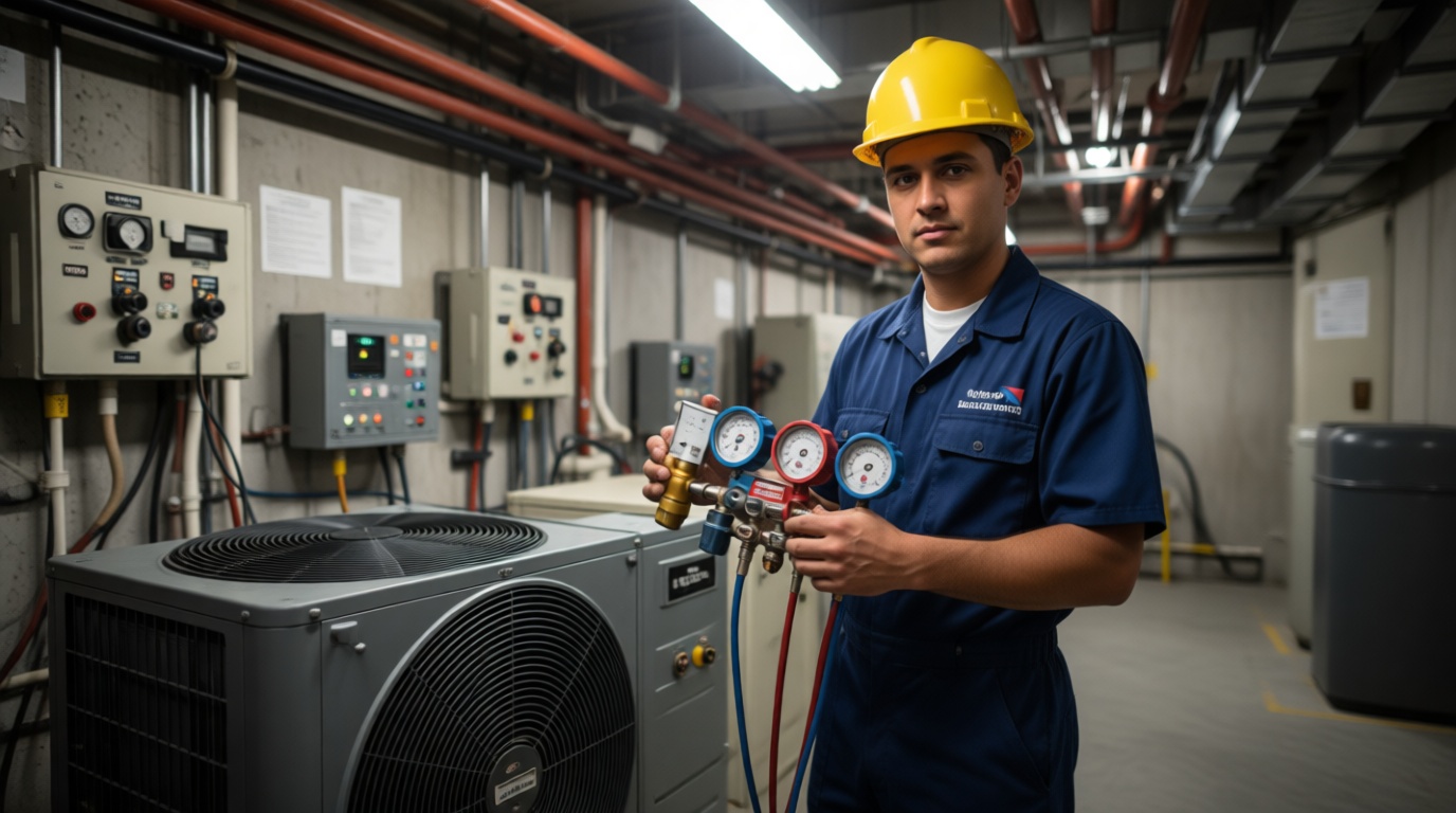 Close-up of a technician handling refrigerant gauges and a heat pump in a Toronto condo setting