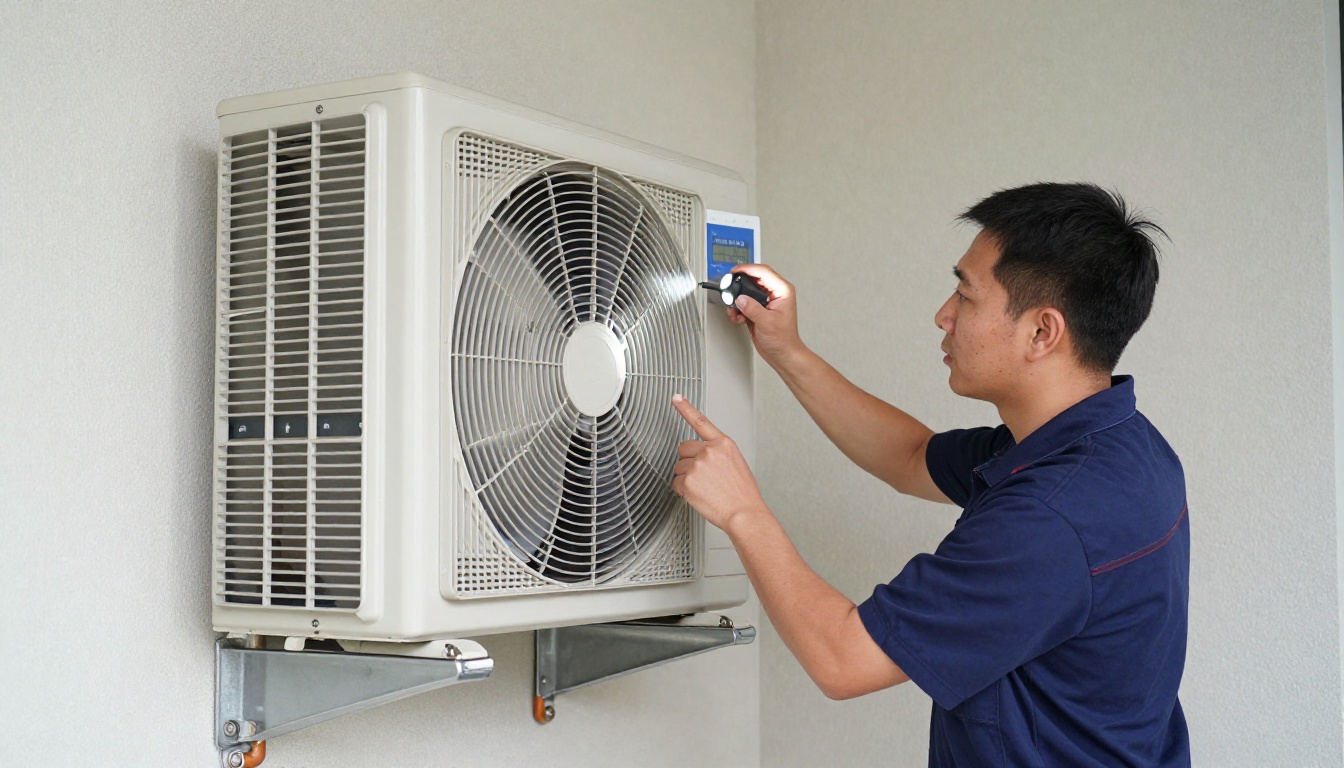 A Hudson HVAC technician inspecting a condo fan coil unit with a flashlight in a Toronto high-rise
