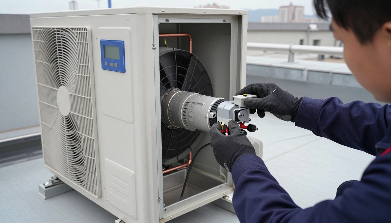 Technician&rsquo;s gloved hands servicing a condo rooftop make-up air unit, checking a Belimo damper actuator and control wiring inside the cabinet during inspection.