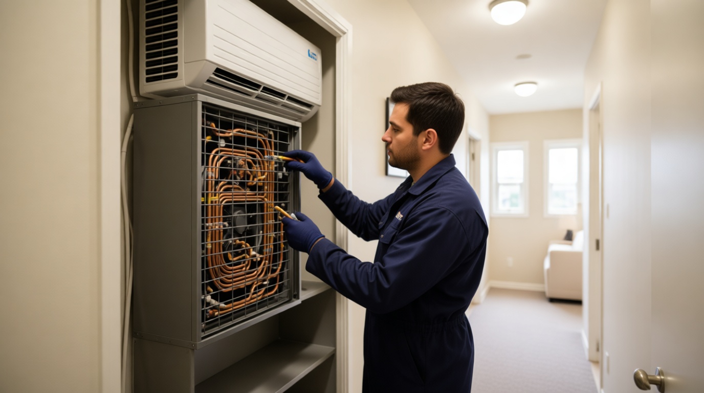 A technician in dark navy gloves inspecting and servicing an ERV inside a condo. A technician in dark navy gloves inspecting and servicing an ERV inside a condo.