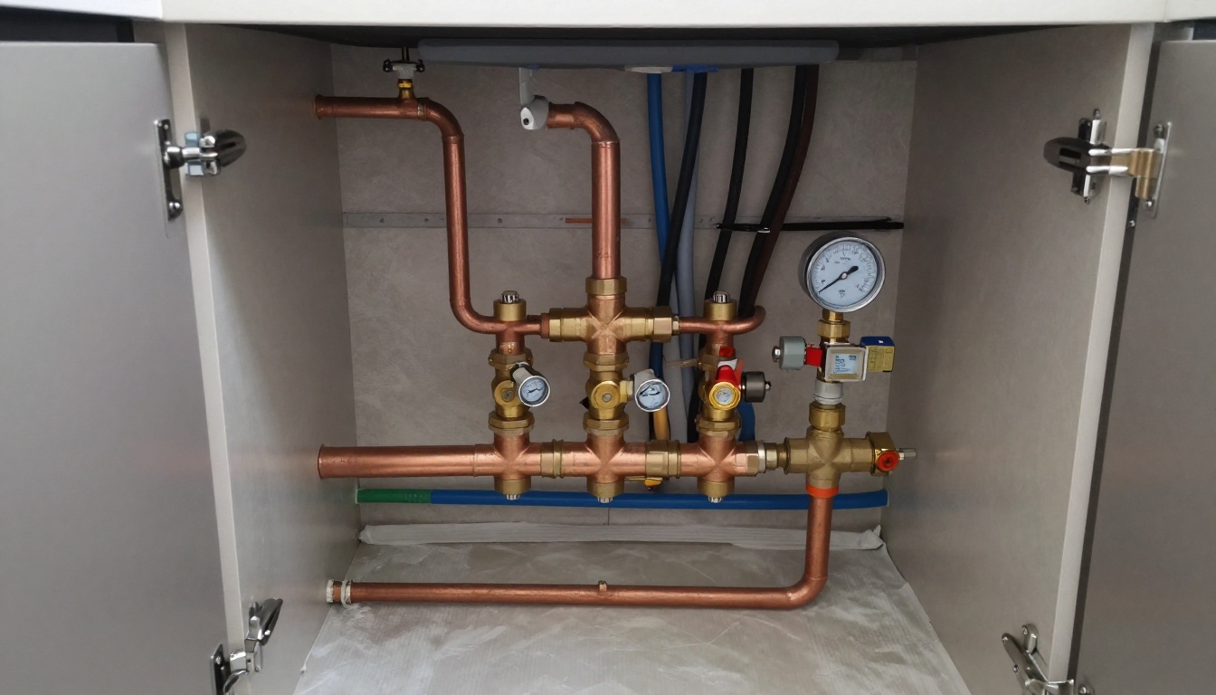 Condominium mechanical room with copper mains transitioning to replacement piping, brass shutoff valves, pressure gauge, and neatly organized insulated lines ready for testing