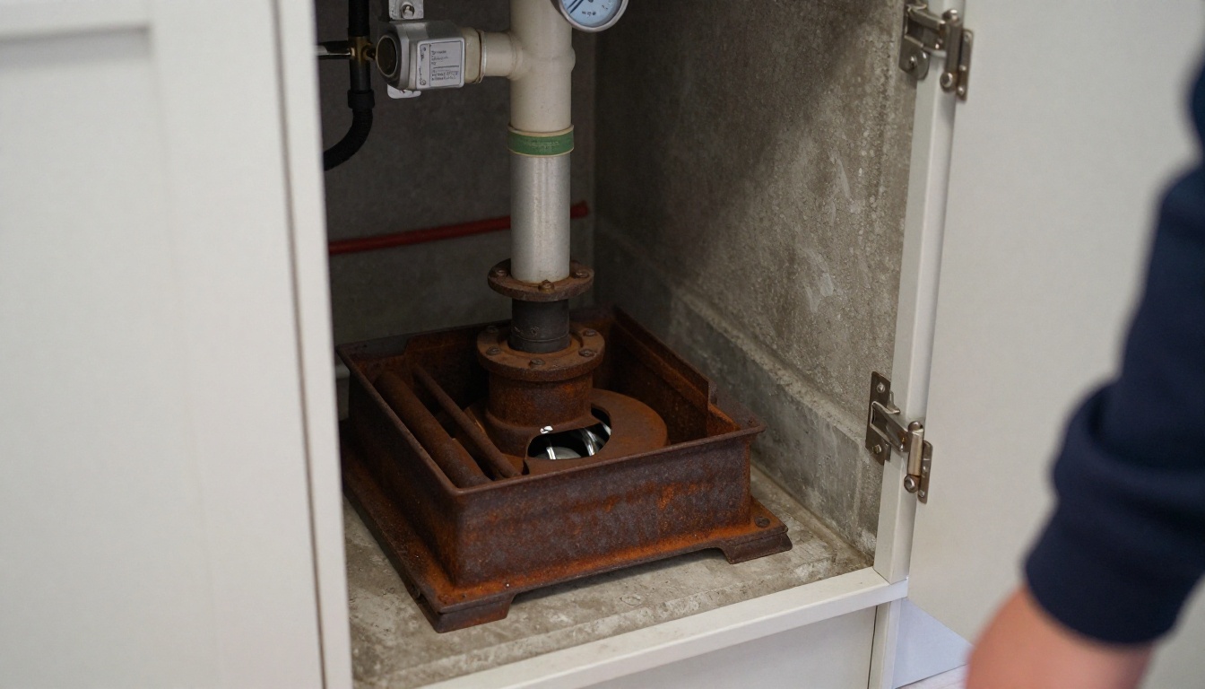 A close-up of a rust-brown cast iron condominium kitchen stack cleanout partially hidden behind custom millwork inside a suite cabinet, with the access opening visibly too small for proper drain service equipment