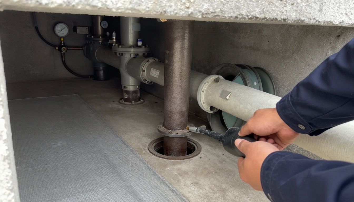 Cast iron drain stack cleanout opened in a condominium service area with jetting hose reel nearby, protective floor covering and older piping visible above a garage or corridor ceiling Cast iron drain stack cleanout opened in a condominium service area with jetting hose reel nearby, protective floor covering and older piping visible above a garage or corridor ceiling
