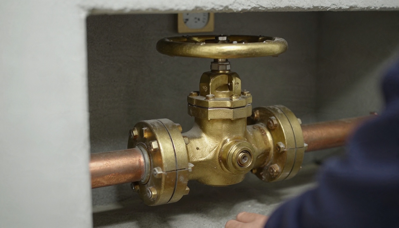Close-up of an older brass or bronze isolation valve on a copper domestic water line in a condominium mechanical room, showing aged packing, corrosion staining and a valve tag nearby Close-up of an older brass or bronze isolation valve on a copper domestic water line in a condominium mechanical room, showing aged packing, corrosion staining and a valve tag nearby