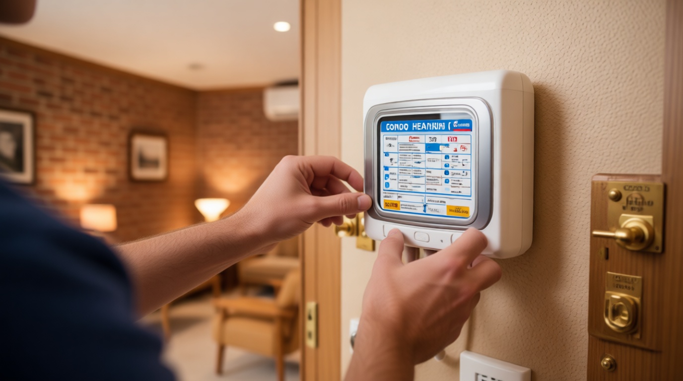 Close-up of a technician&rsquo;s hands adjusting a thermostat in a Toronto condo