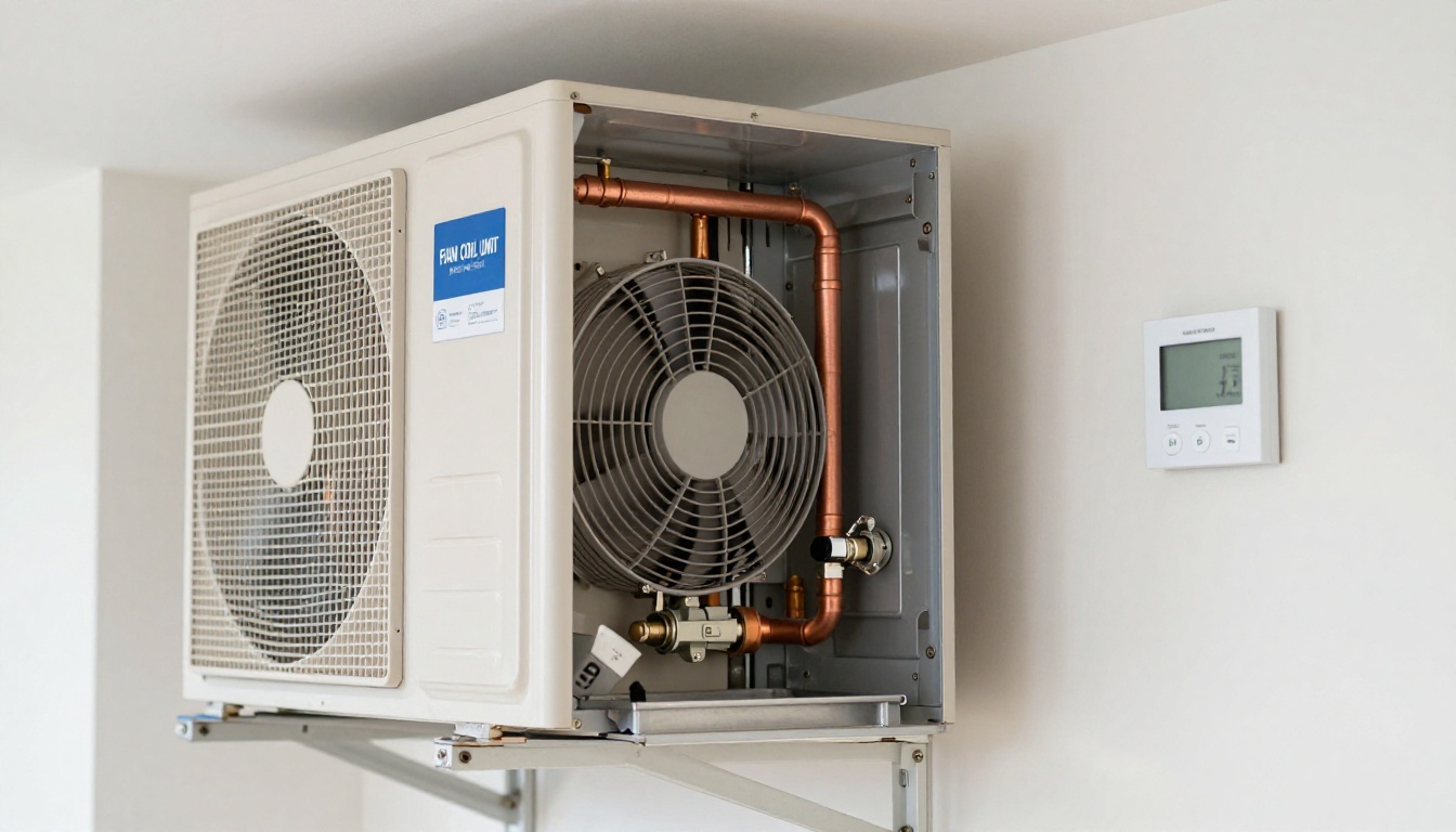 A close-up of a condo fan coil interior showing a three-way valve, copper piping, and actuator inside a modern Toronto high-rise suite closet during fall maintenance A close-up of a condo fan coil interior showing a three-way valve, copper piping, and actuator inside a modern Toronto high-rise suite closet during fall maintenance
