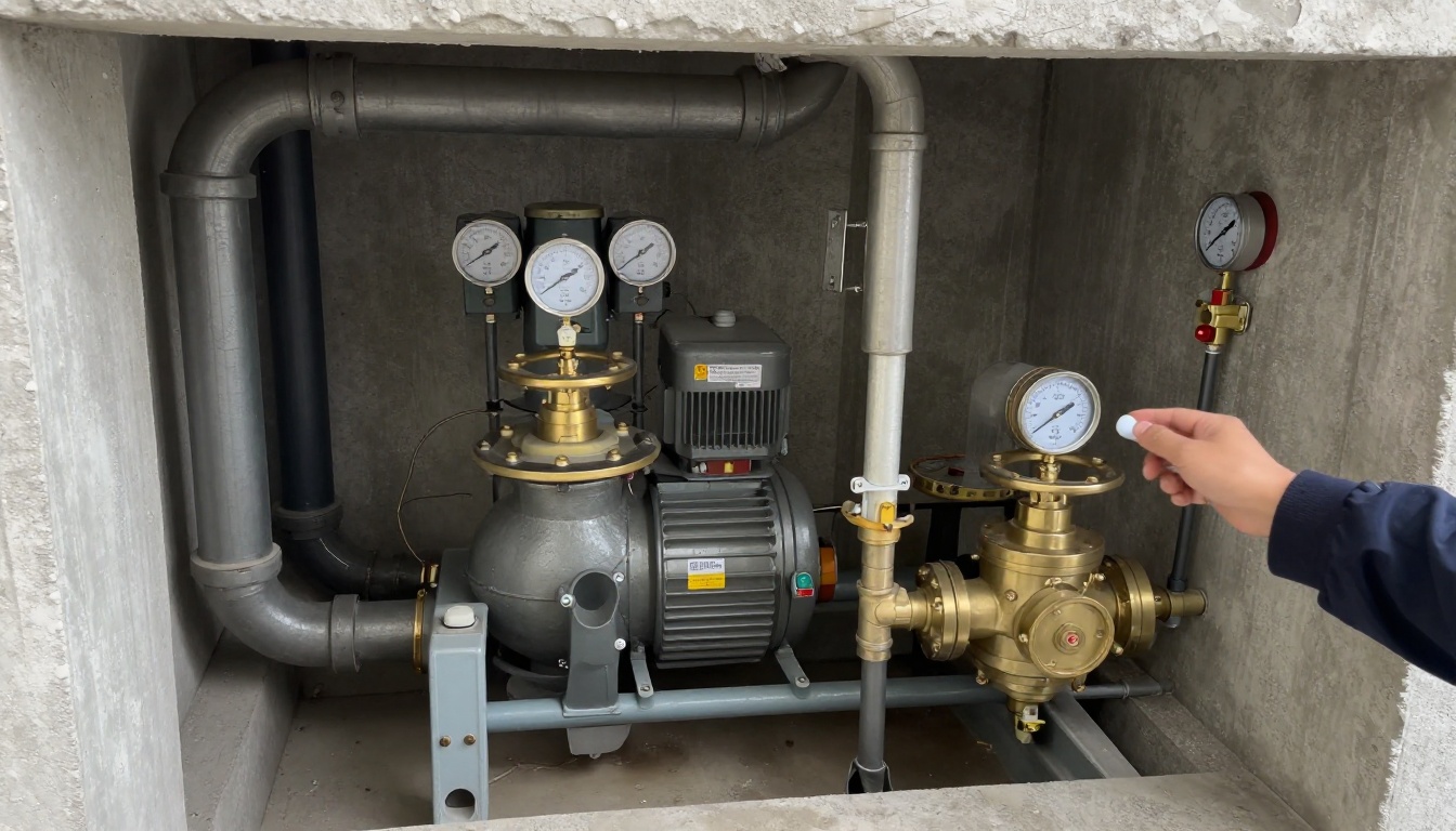 Open lower-level mechanical room with a duplex sewage ejector basin, brass check valves, guide rail pump setup and discharge piping overhead, no people
