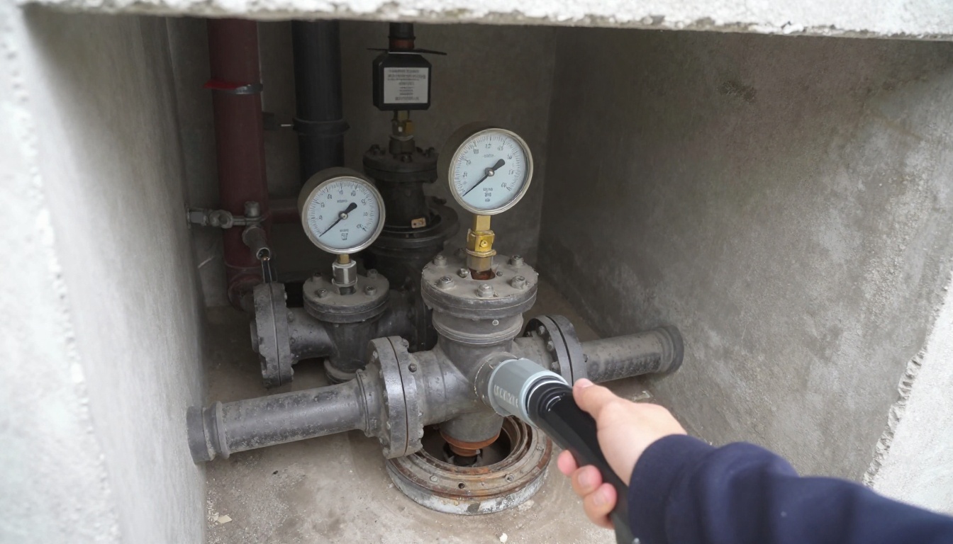 CCTV drain camera being fed through a cast iron cleanout in a condominium mechanical room, with aged piping, cleanout fittings and protected floor surfaces visible