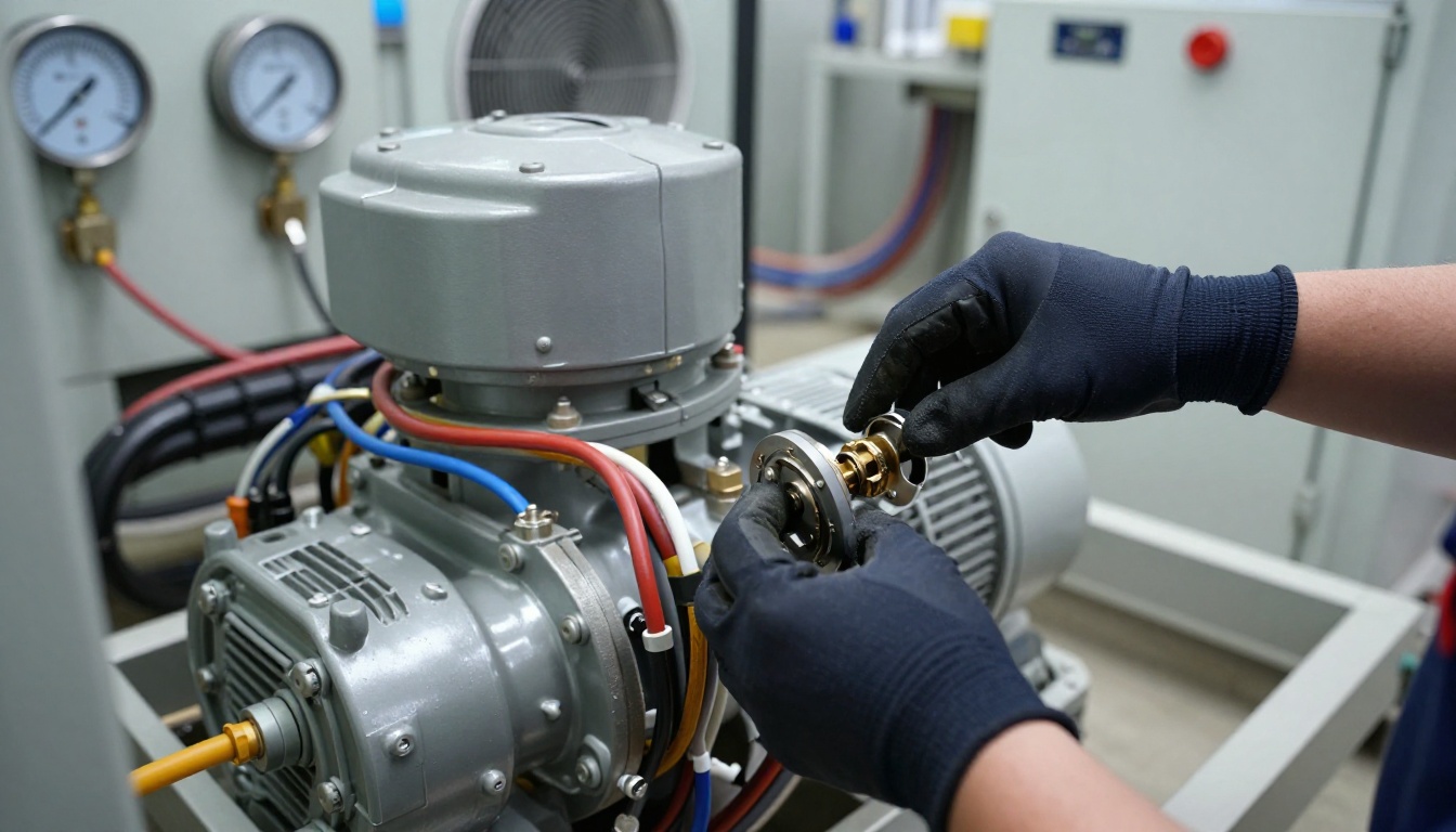 Technician wearing dark navy gloves servicing an indoor condo mechanical room circulation pump, hands inspecting the coupling guard and motor leads beside the hydronic pump assembly, no face visible Technician wearing dark navy gloves servicing an indoor condo mechanical room circulation pump, hands inspecting the coupling guard and motor leads beside the hydronic pump assembly, no face visible