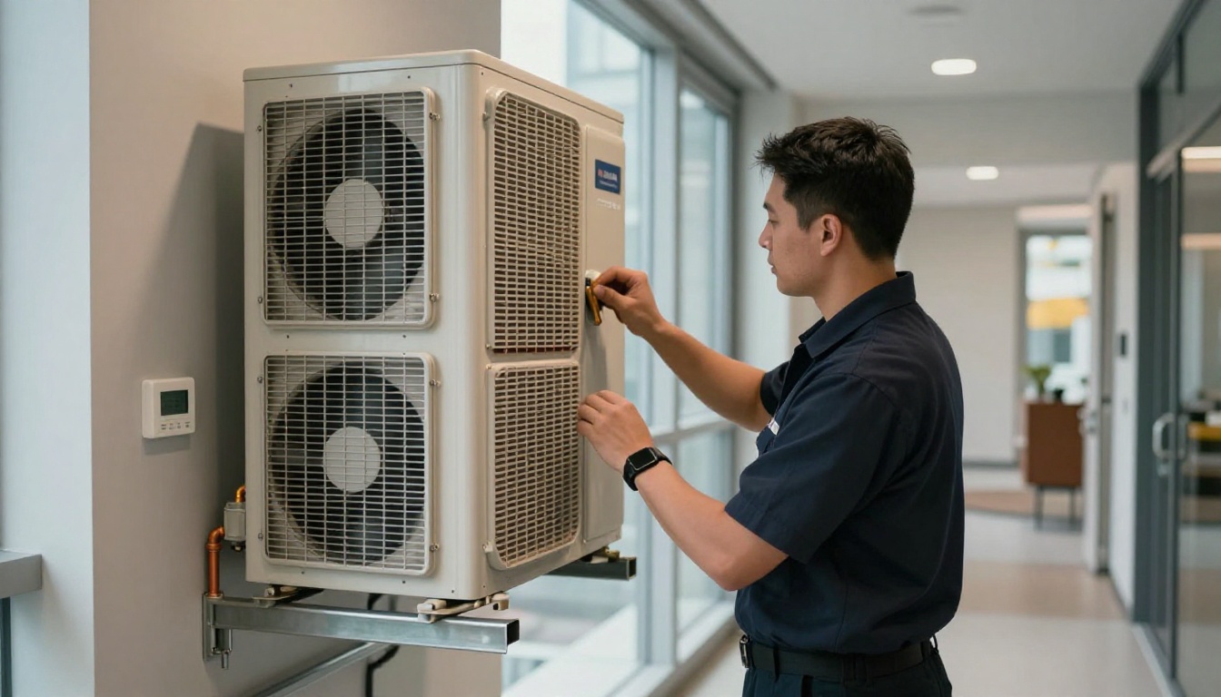 A Hudson HVAC technician in a dark navy uniform checking corridor pressurization and make-up air performance inside a modern Toronto condo high-rise hallway during fall, with suite doors and soft daylight visible