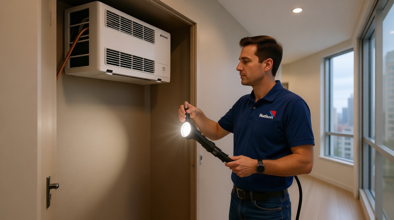 A Hudson HVAC technician inspecting a condo fan coil unit with a flashlight in a Toronto high-rise A Hudson HVAC technician inspecting a condo fan coil unit with a flashlight in a Toronto high-rise
