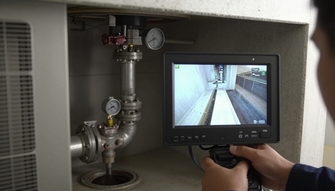 Close-up CCTV monitor view and nearby cast iron pipe showing grease-lined interior before cleaning and a clearer pipe wall after jetting in a condominium maintenance setting