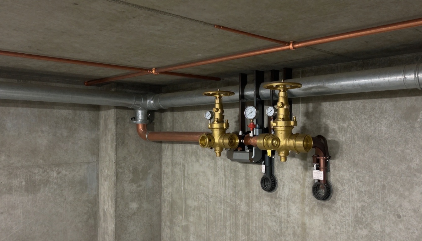 Parking garage ceiling piping with copper primer lines, a brass valve assembly and nearby floor drain locations in a condominium common area Parking garage ceiling piping with copper primer lines, a brass valve assembly and nearby floor drain locations in a condominium common area