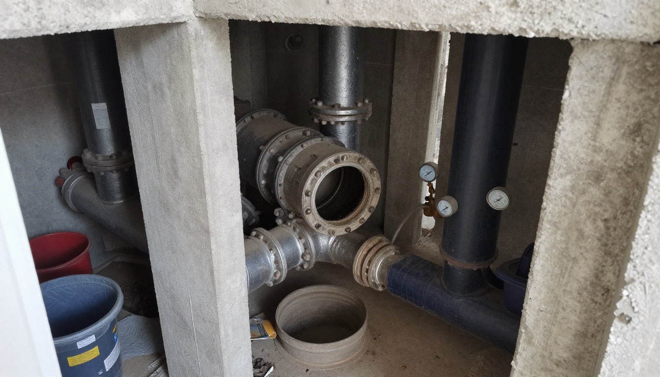 Interior view of a condominium service room or accessed riser area showing aged cast iron kitchen stack piping with cleanout access opened, grease scale visible around the pipe opening, drop sheets and buckets protecting finished surfaces