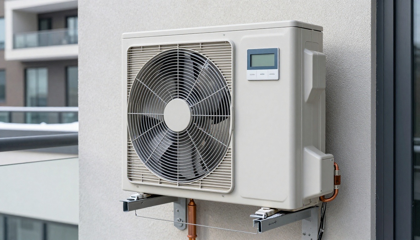 Close-up of a cold climate heat pump outdoor unit with frost visible, set in a modern Toronto condo balcony in winter