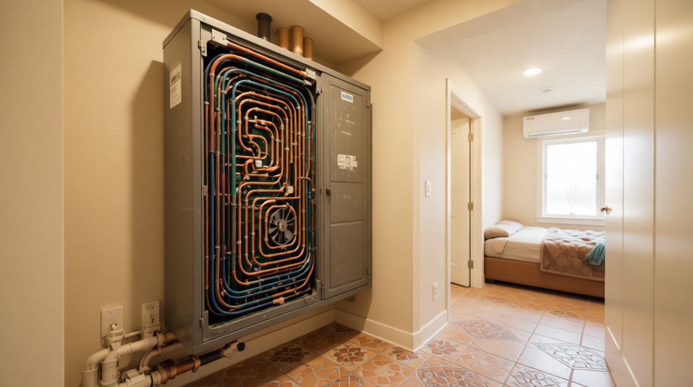 Close-up of a frozen condensate line on a fan coil unit during a Toronto winter