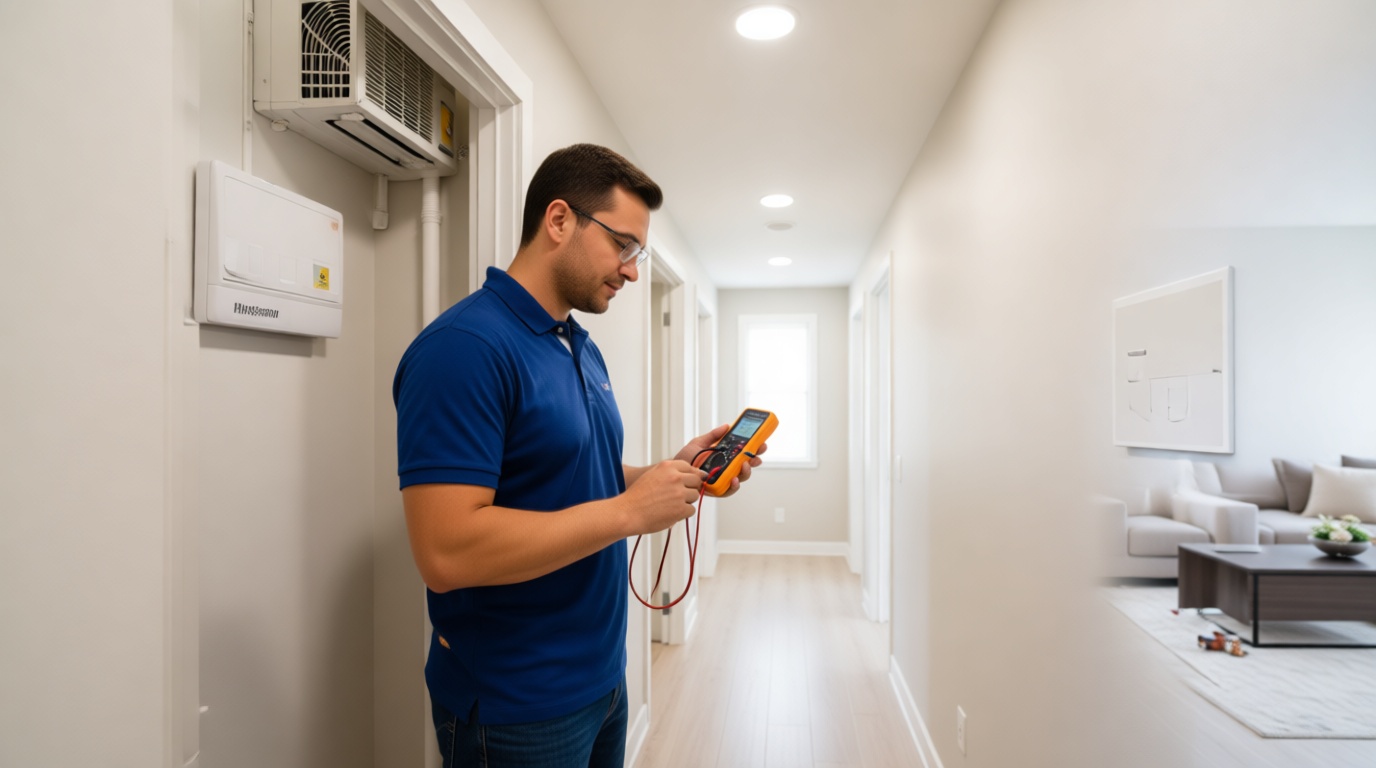A Hudson HVAC technician inspecting a condo heat pump unit with a digital multimeter in a Toronto high-rise