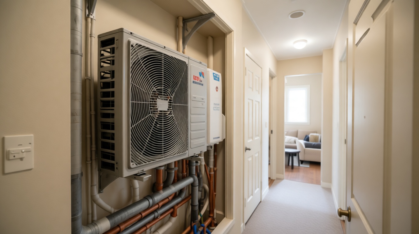 Close-up of a frozen condensate line on a fan coil unit during a Toronto winter