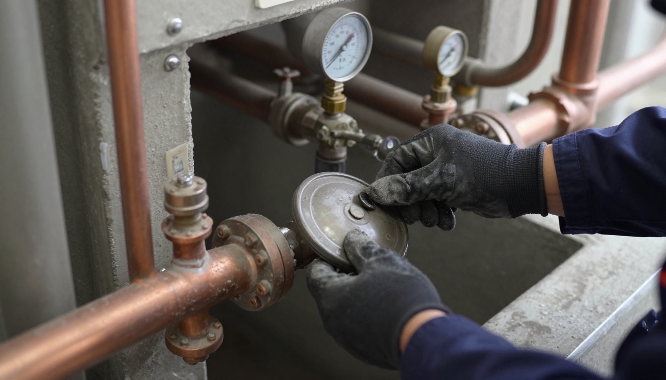 A medium close-up of a brass grease interceptor access cover area inside a ground-floor restaurant service room in a condominium, with a plumber&rsquo;s gloved hands opening the cover and nearby cast iron and copper piping visible