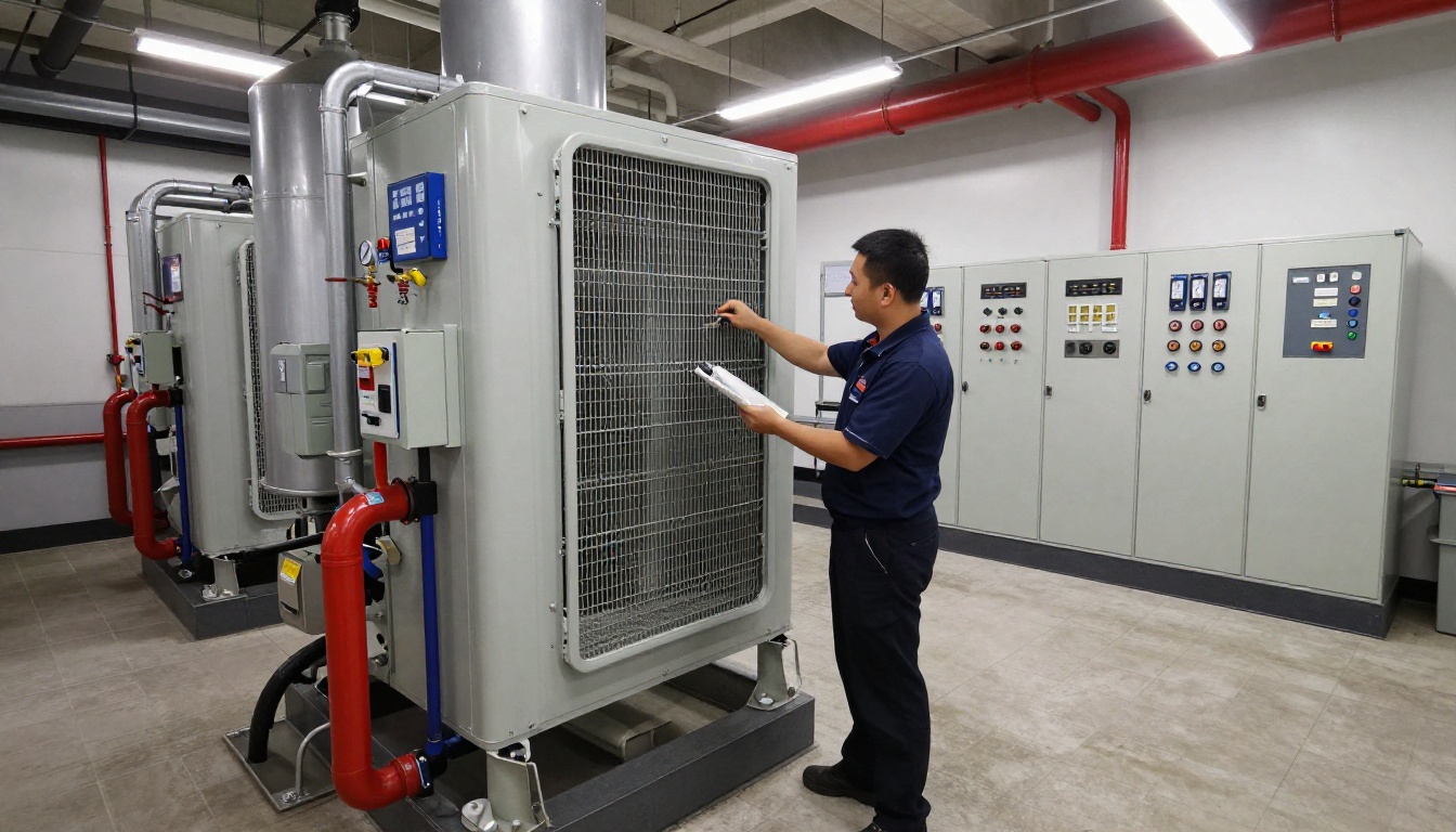 A Hudson HVAC technician inspecting a chiller unit in a Toronto condo mechanical room