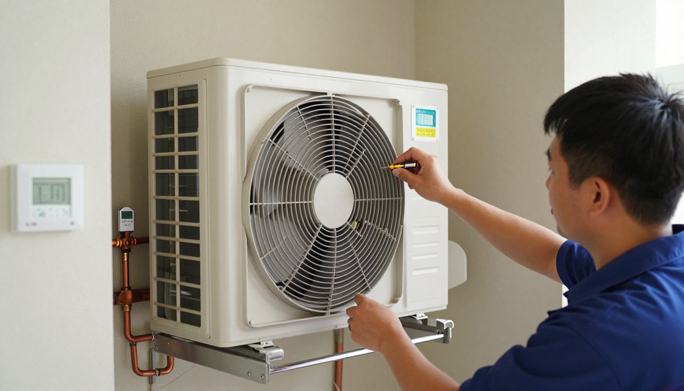 Technician performing capacitor replacement in a condo HVAC unit.