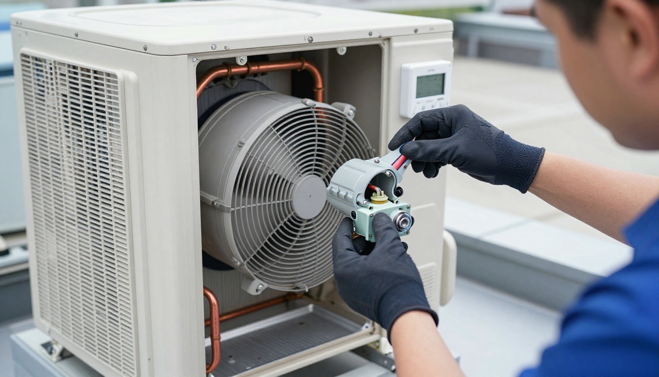 Technician wearing dark navy gloves servicing a rooftop unit inside the open cabinet, testing wiring and damper actuator on a condo RTU during fall maintenance, hands only.