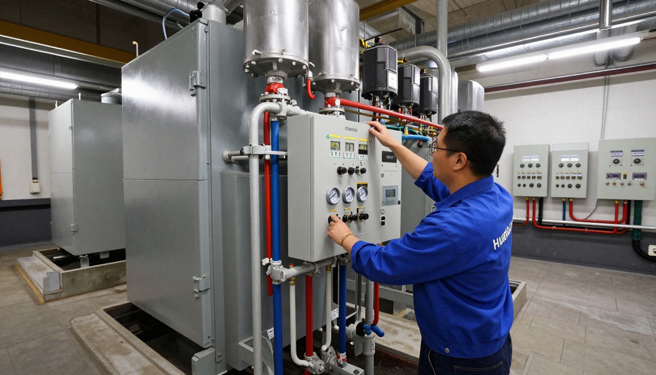 A Hudson HVAC technician inspecting a plumbing riser in a Toronto condo mechanical room