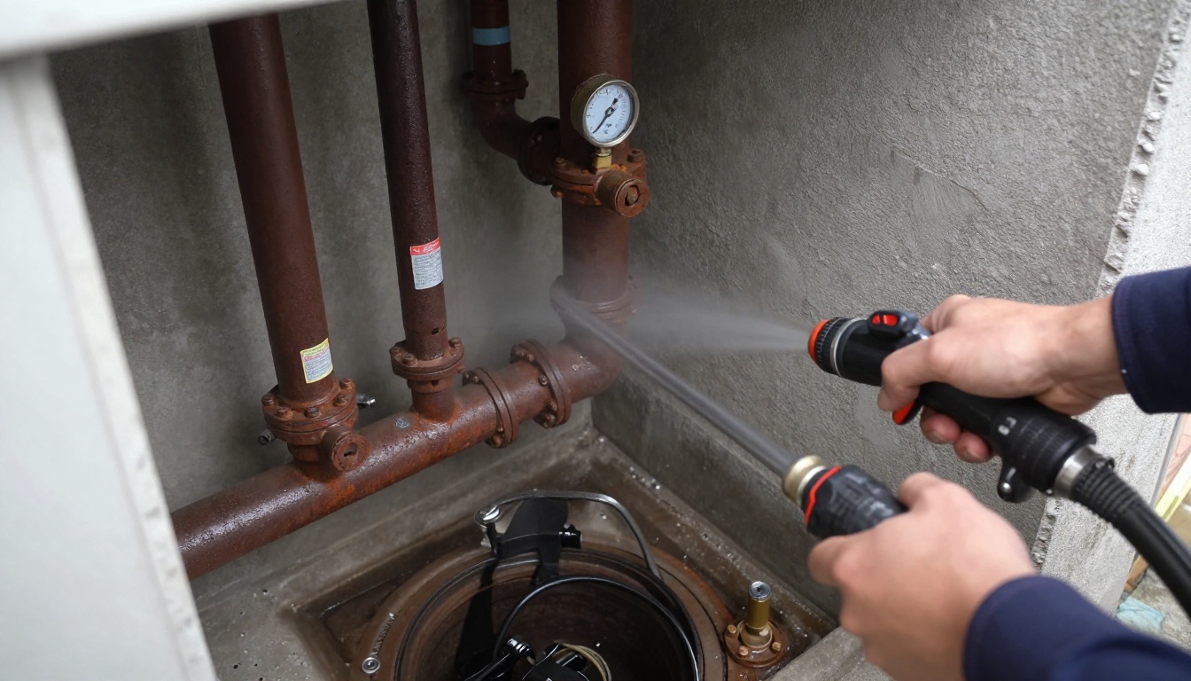 A gloved plumber feeding a high-pressure jetting hose into a 4-inch cast iron kitchen stack cleanout in a condominium mechanical room, with hose reel, wet vacuum and dull grey pipe visible A gloved plumber feeding a high-pressure jetting hose into a 4-inch cast iron kitchen stack cleanout in a condominium mechanical room, with hose reel, wet vacuum and dull grey pipe visible