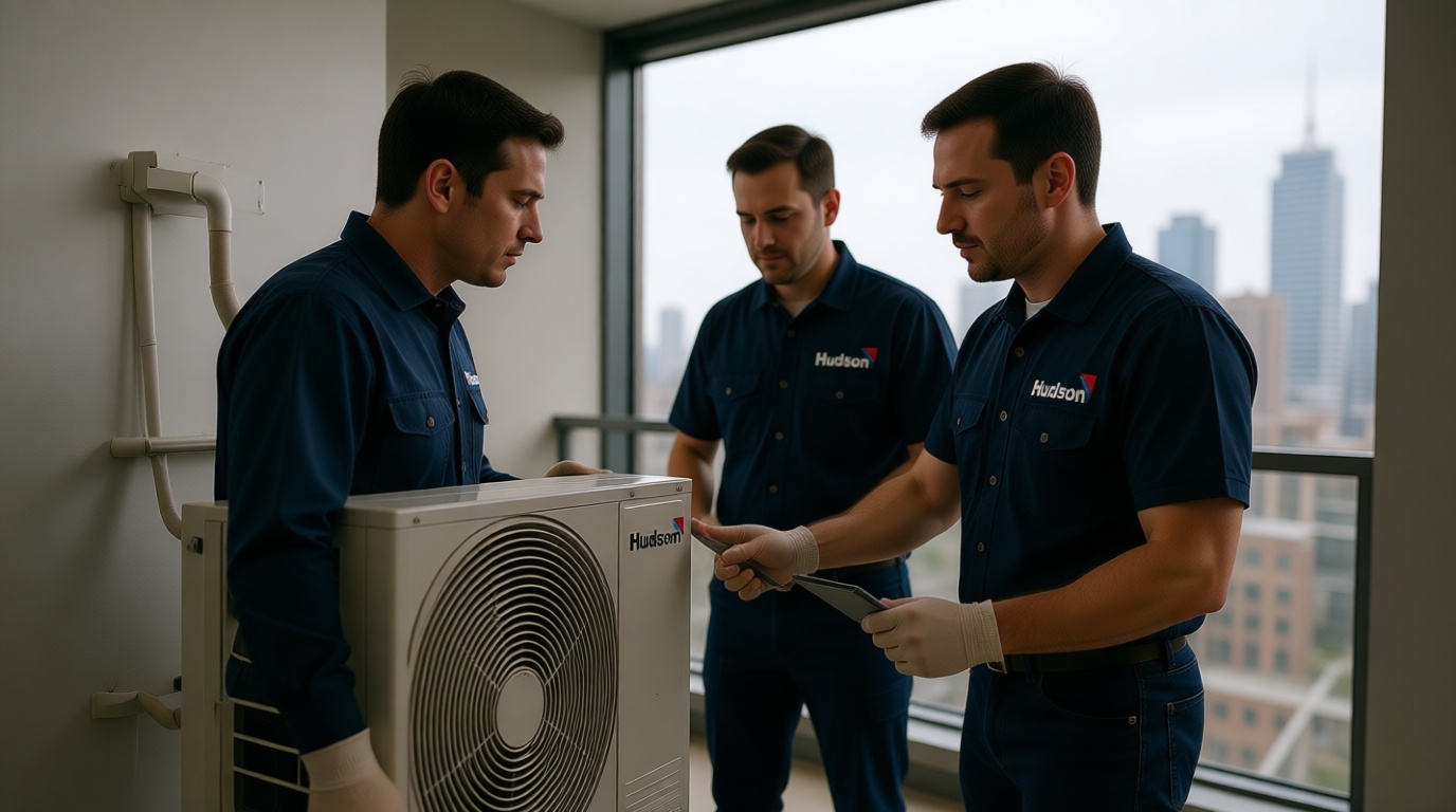 A Hudson HVAC technician inspecting a fan coil unit in a Toronto condo with a skyline view