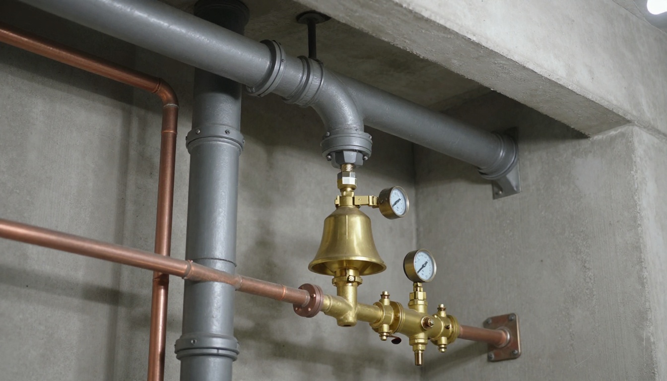 Brass backflow assembly and copper mains in a condominium mechanical room with adjacent cleanouts and service piping typical of a high-rise building
