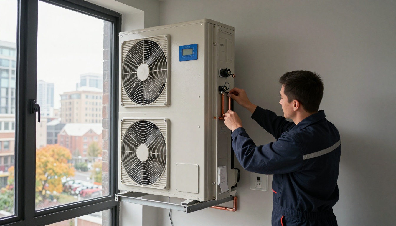 A tall vertical condo fan coil cabinet inside a modern Toronto condo closet with the access panel open, showing light grease and dust buildup while a technician checks airflow near the kitchen area A tall vertical condo fan coil cabinet inside a modern Toronto condo closet with the access panel open, showing light grease and dust buildup while a technician checks airflow near the kitchen area