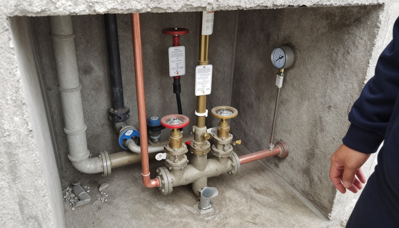Brass reduced pressure backflow assembly on a domestic water main in a condominium mechanical room with test cocks, shutoff valves and nearby copper piping