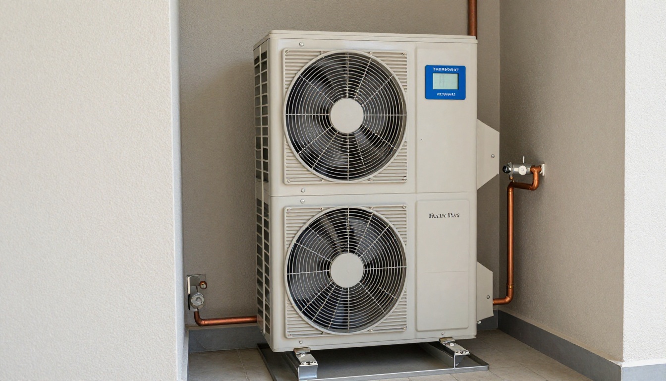 Close-up of various HVAC equipment labels showing different vendor names inside a Toronto condo mechanical room