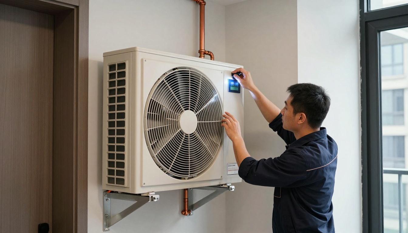 A Hudson HVAC technician inspecting a condo fan coil unit with a flashlight in a Toronto high-rise