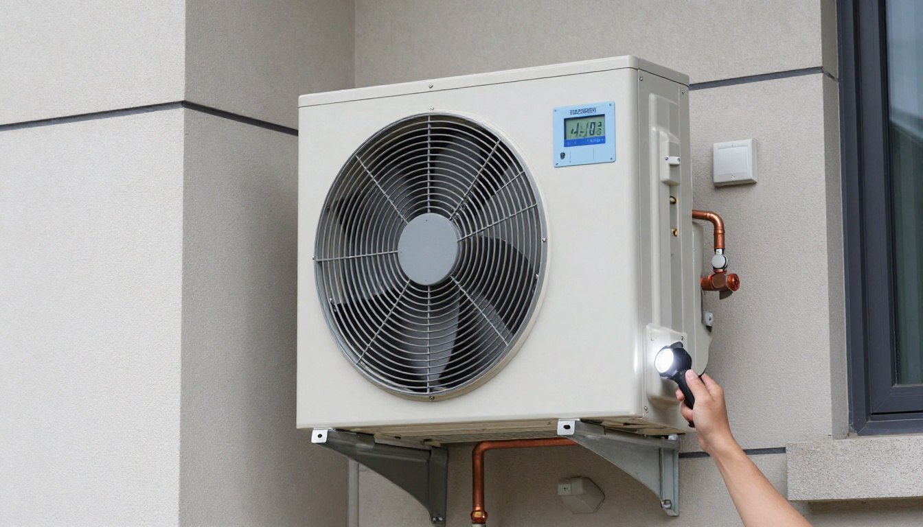A Hudson HVAC technician inspecting a condo fan coil unit with a flashlight in a Toronto high-rise