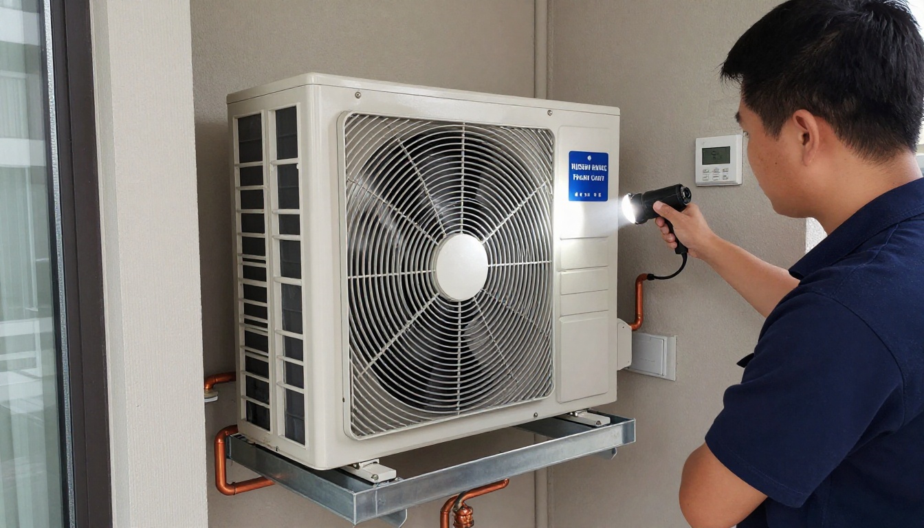 A Hudson HVAC technician inspecting a condo fan coil unit with a flashlight in a Toronto high-rise
