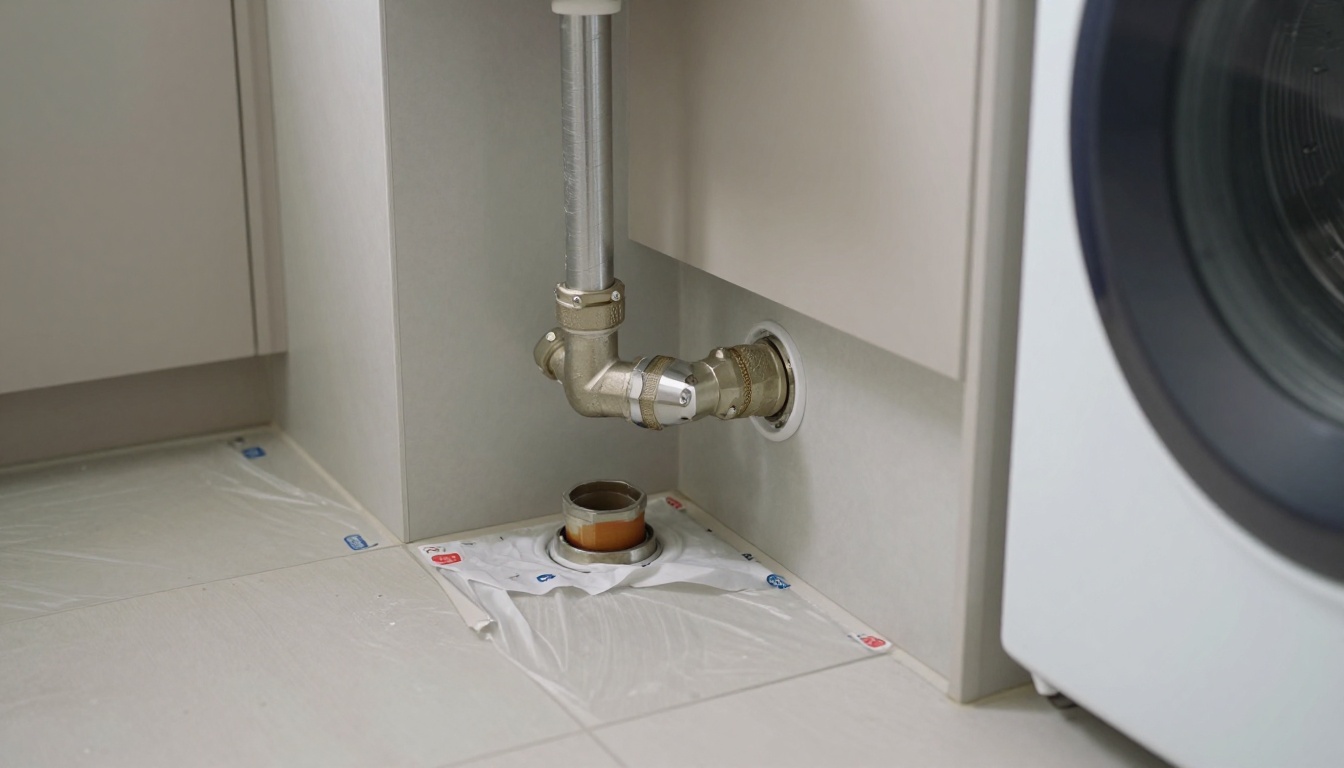 Close view of under-sink condominium plumbing with aging angle stops, braided supplies, trap assembly and protective drop sheets in a finished suite bathroom Close view of under-sink condominium plumbing with aging angle stops, braided supplies, trap assembly and protective drop sheets in a finished suite bathroom