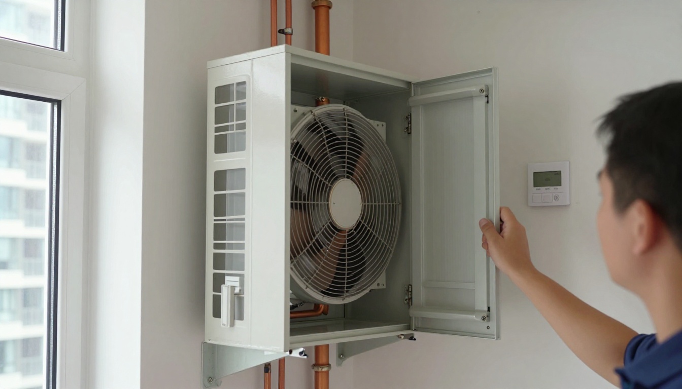 A tall vertical condo fan coil unit inside a modern Toronto high-rise suite closet with the access panel open, showing copper piping, blower section, filter slot, and a technician's gloved hand inspecting components A tall vertical condo fan coil unit inside a modern Toronto high-rise suite closet with the access panel open, showing copper piping, blower section, filter slot, and a technician’s gloved hand inspecting components