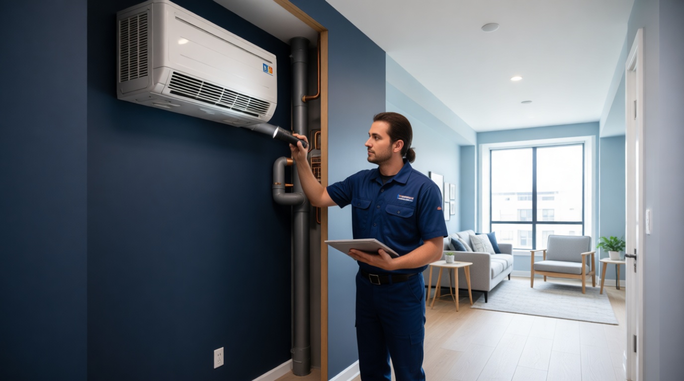 A Hudson HVAC technician inspecting a condo fan coil unit with a flashlight in a Toronto high-rise