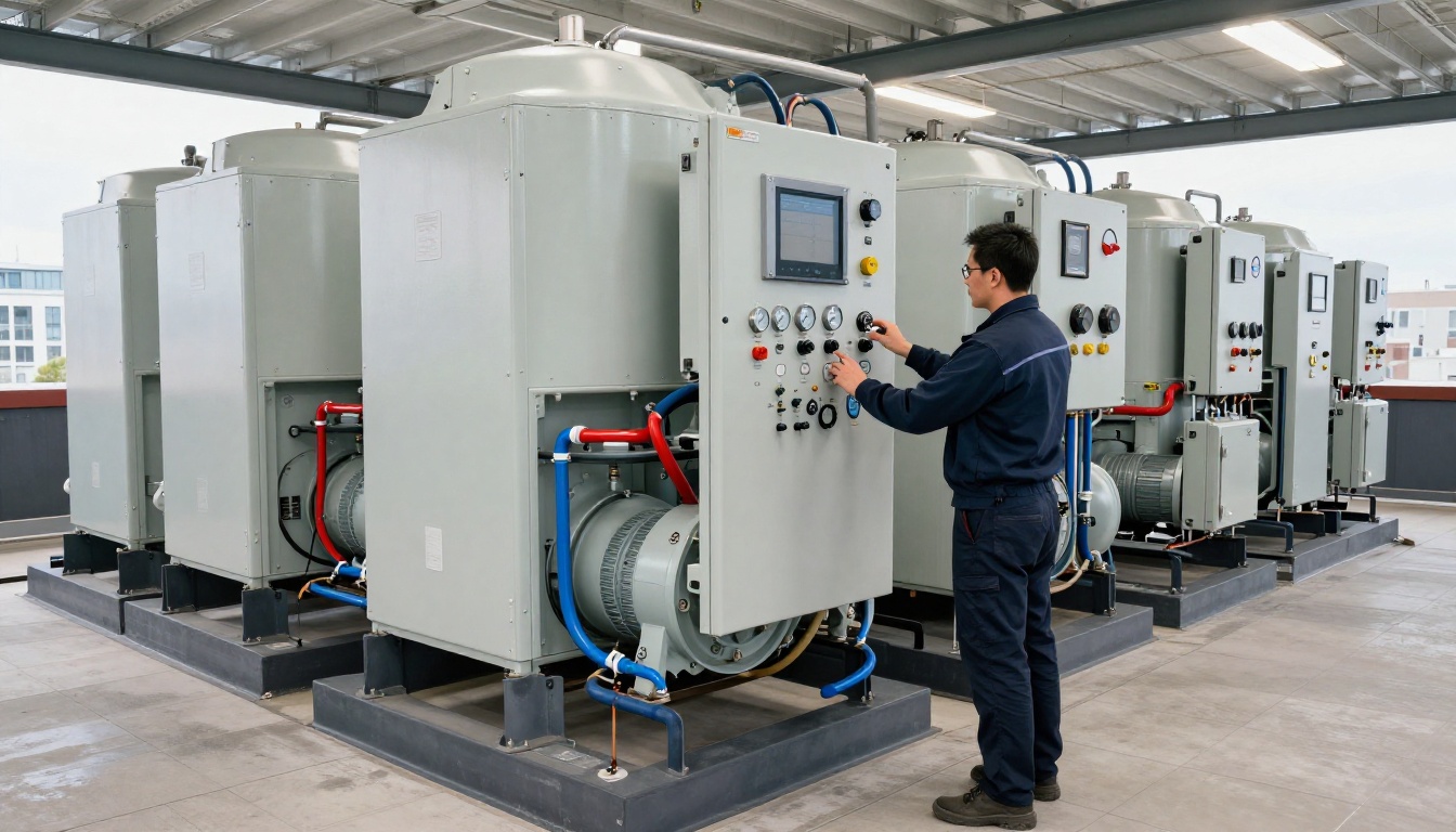 A Hudson HVAC technician inspecting a large chiller system in a condo&rsquo;s mechanical room in Toronto