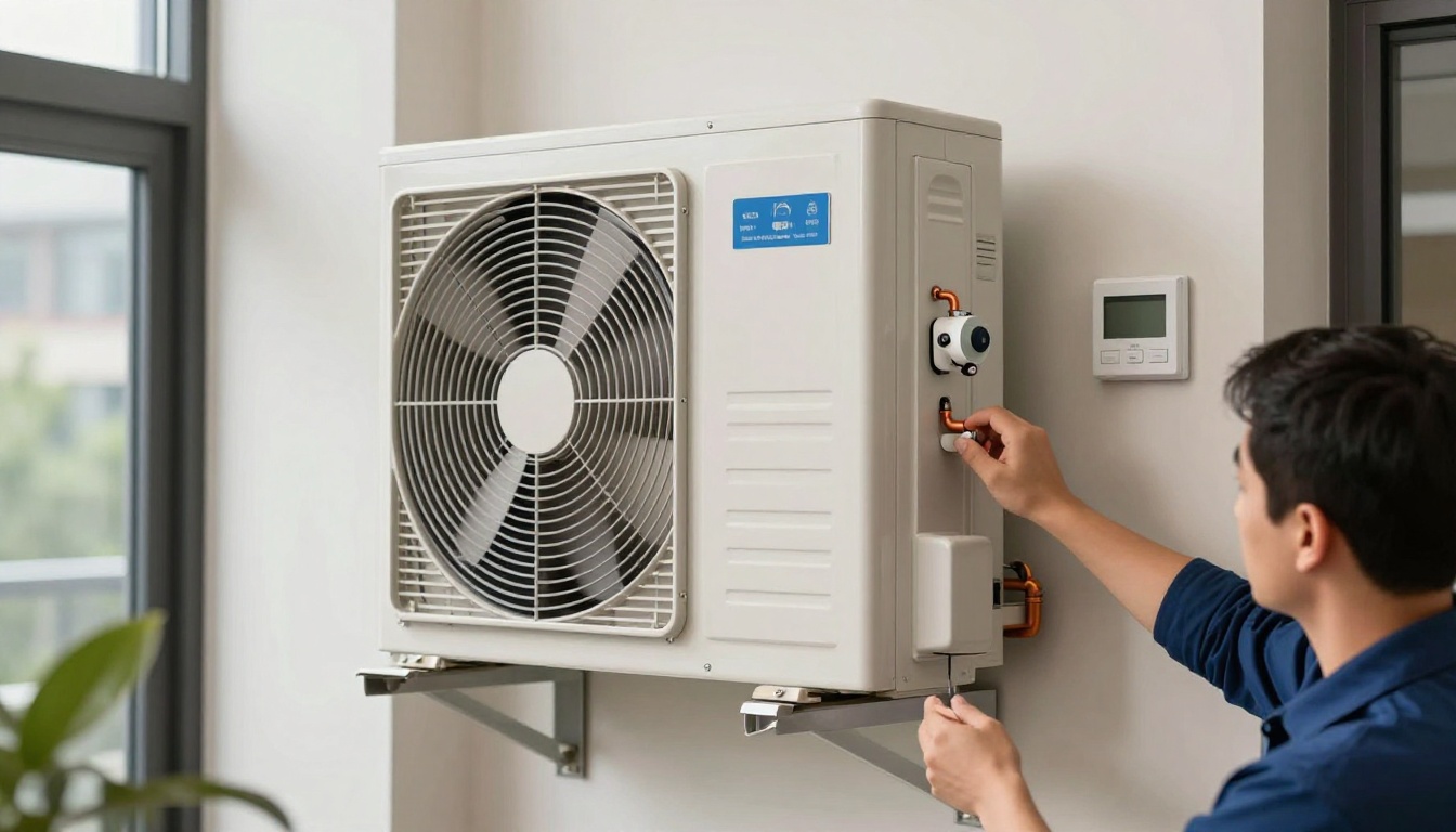 A Hudson HVAC technician inspecting a wall-mounted heat pump in a Toronto condo