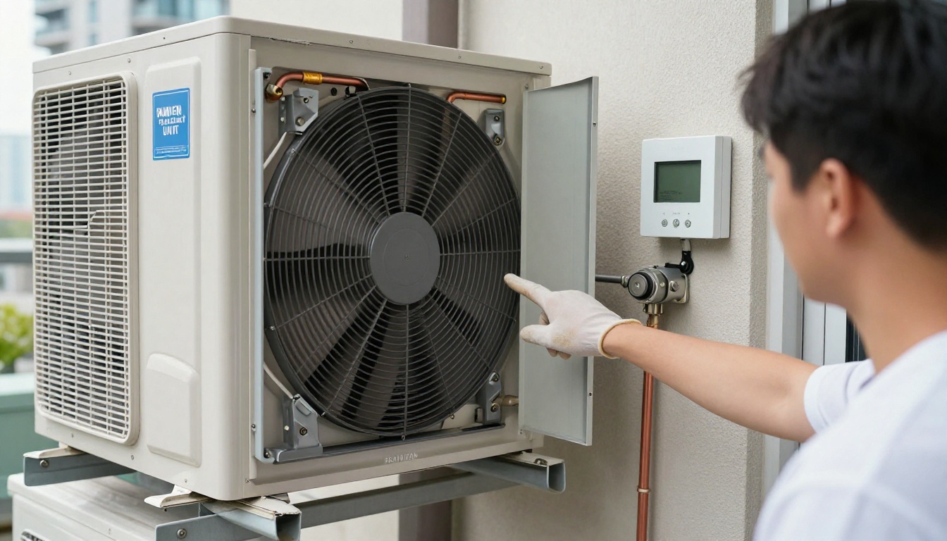 Close-up of a condo HVAC responsibility checklist beside a fan coil unit access panel, with a technician’s gloved hand pointing at the blower motor and valve components in a modern Toronto high-rise suite