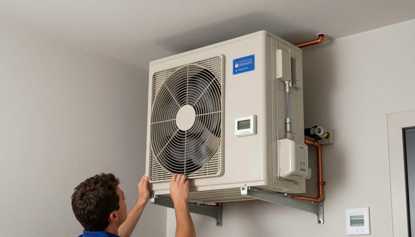 A Hudson HVAC technician inspecting a ceiling water damage inside a Toronto condo