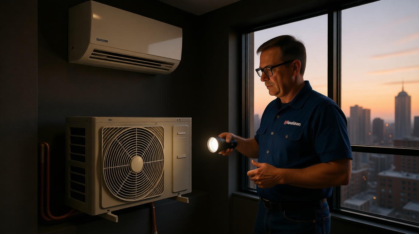 A Hudson HVAC technician inspecting a condo fan coil unit with a flashlight in a Toronto high-rise