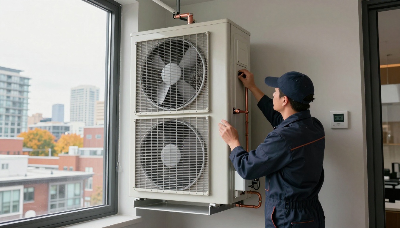 A Hudson HVAC technician in dark navy coveralls inspecting the filter and control section of a tall vertical condo fan coil cabinet inside a modern Toronto condo closet, autumn skyline visible through a nearby window A Hudson HVAC technician in dark navy coveralls inspecting the filter and control section of a tall vertical condo fan coil cabinet inside a modern Toronto condo closet, autumn skyline visible through a nearby window